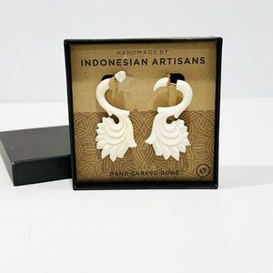 Handmade Indonesian Artisans Feather Hand Carved Bone Faux Plug Earrings